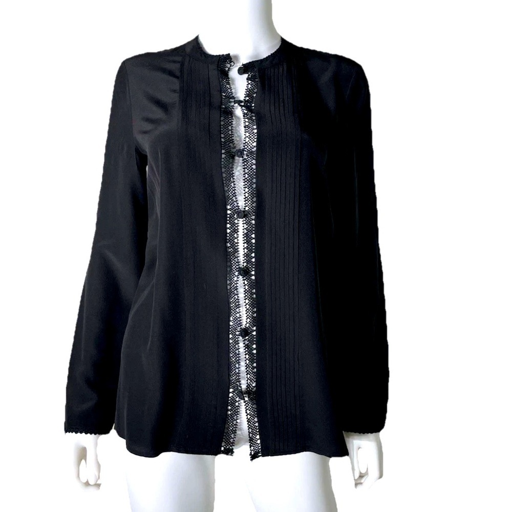 Tory Burch Blouse Black Button Down 100% Silk Sheer Sz 4 Long Sleeve Top Crochet